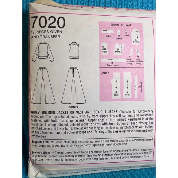 Simplicity 7020 Sewing pattern Girls jacket vest bellbottom pants size 14 - Picture 4 of 5